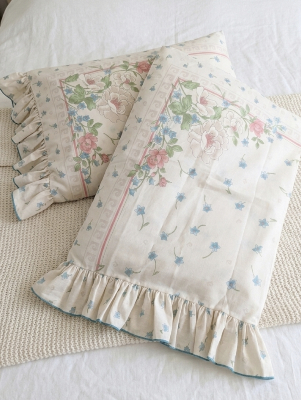 Pair Of Vintage Pierre Cardin Cream Floral Ruffled Pillowcases Pink Blue Accents